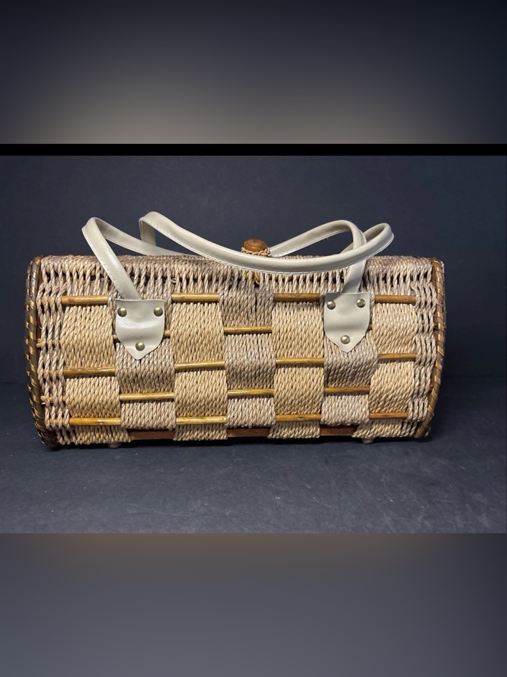 Vintage Olympic Wicker Box Purse Barrel Bag Mid Century Coquette Cottage